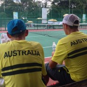 Alex De Minaur  (L) and Oliver Anderson in action for Australia in doubles during the Junior Davis Cup Asia/Oceania qualifying competition; Tennis Australia