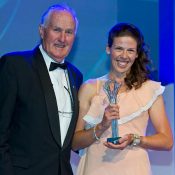 Kelly Wren (R) poses with Australian tennis legend Neale Fraser after winning the award for Most Outstanding Athlete with a Disability at the 2011 Newcombe Medal Australian Tennis Awards; Tennis Australia