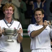 Mark Woodforde (L) and Todd Woodbridge celebrate their Wimbledon men's doubles victory in 2000; Getty Images