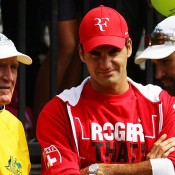 Tony Roche, Roger Federer and Pat Rafter, Davis Cup, Sydney, 2011. GETTY IMAGES