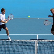 Mark Woodforde (R) and Todd Woodbridge in action during the legend's doubles event at the Australian Open; Getty Images