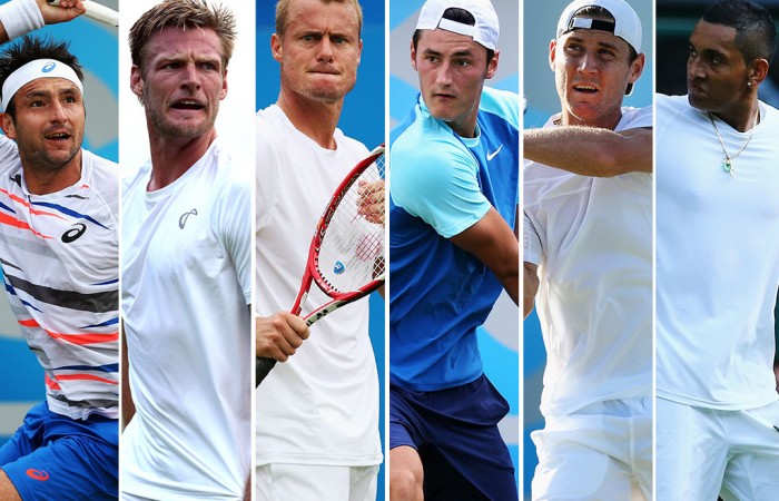(L-R) Marinko Matosevic, Sam Groth, Lleyton Hewitt, Bernard Tomic, Matt Ebden and Nick Kyrgios form a contingent of six Aussies ranked inside the world's top 100; Getty Images