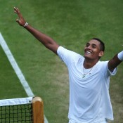 Nick Kyrgios celebrates his stunning victory over World No.1 Rafael Nadal on Centre Court at Wimbledon; Getty Images
