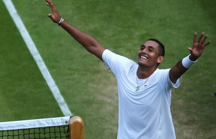 Nick Kyrgios celebrates his stunning victory over World No.1 Rafael Nadal on Centre Court at Wimbledon; Getty Images