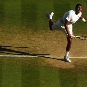Nick Kyrgios in action against world No.1 Rafael Nadal on Centre Court in the fourth round of WImbledon; Getty Images
