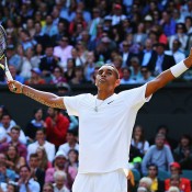 Nick Kyrgios celebrates his between-the-legs winner during his fourth round win over world No.1 Rafael Nadal at Wimbledon; Getty Images