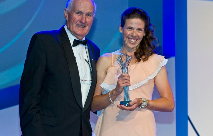 Kelly Wren (R) poses with Australian tennis legend Neale Fraser after winning the award for Most Outstanding Athlete with a Disability at the 2011 Newcombe Medal Australian Tennis Awards; Tennis Australia