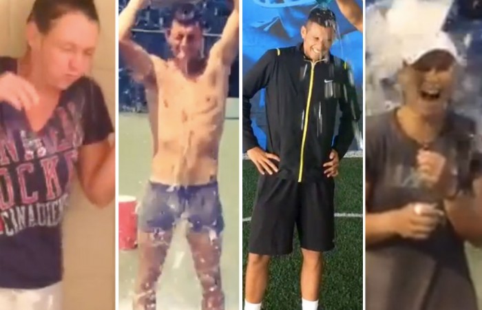 (L-R) Casey Dellacqua, Bernard Tomic, Nick Kyrgios and Sam Stosur complete the ALS Ice Bucket Challenge