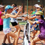 Youngsters enjoy a Cardio Tennis demonstration at the recent AO Blitz visit to Newcastle; Tennis Australia