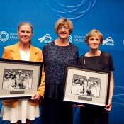 Australia's 1974 Fed Cup team of Dianne Balestrat (L) and Janet Young (R) are presented with commemorative prints by Margaret Court at the Newcombe Medal Australian Tennis Awards in honour of the 40th anniversary of their triumph; Elizabeth Xue Bai