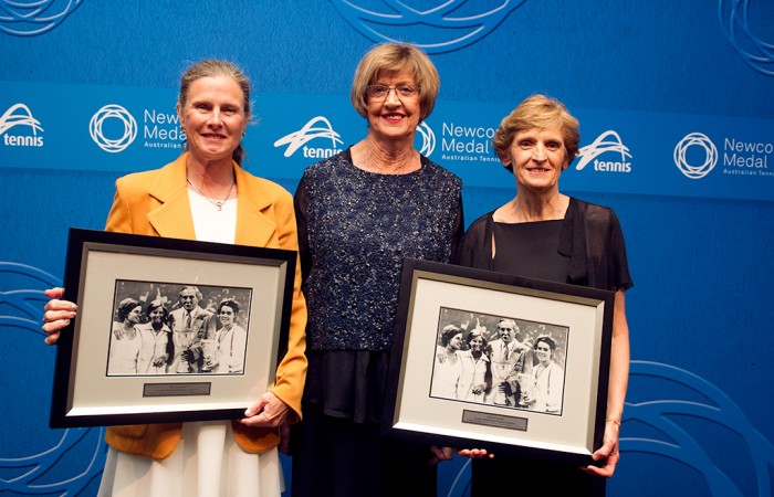 Australia's 1974 Fed Cup team of Dianne Balestrat (L) and Janet Young (R) are presented with commemorative prints by Margaret Court at the Newcombe Medal Australian Tennis Awards in honour of the 40th anniversary of their triumph; Elizabeth Xue Bai