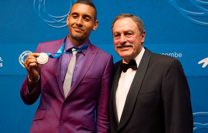 2014 Newcombe Medal winner Nick Kyrgios (L) with John Newcombe; Elizabeth Xue Bai