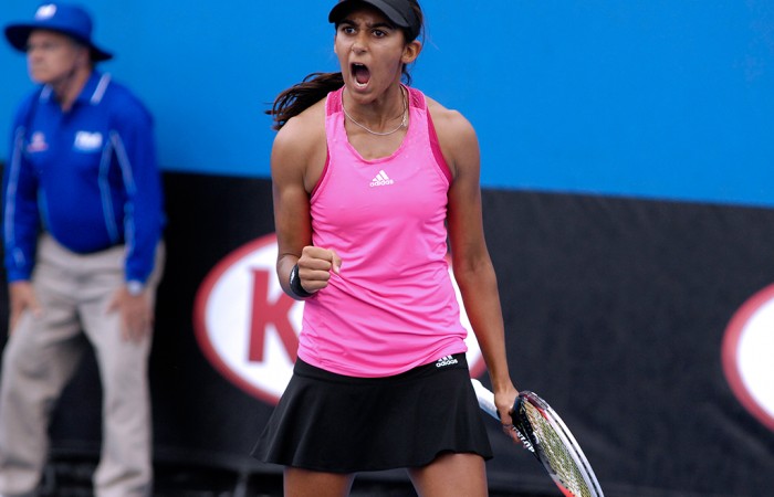 Naiktha Bains in action during the quarterfinals of the Australian Open 2015 Play-off at Melbourne Park; Mae Dumrigue