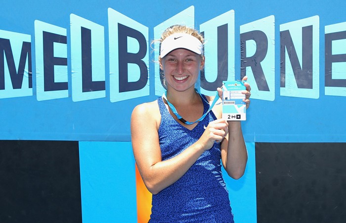 Daria Gavrilova poses with her Australian Open 2015 player accreditation following her victory in the final of the Australian Open 2015 Play-off; Getty Images