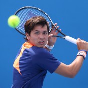 MELBOURNE, AUSTRALIA - JANUARY 25:  Akira Santillan of Australia in action in his match against Boris Pokotilov of Russia during the Australian Open 2015 Junior Championships at Melbourne Park on January 25, 2015 in Melbourne, Australia.  (Photo by Hannah Peters/Getty Images)