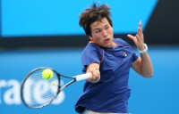 MELBOURNE, AUSTRALIA - JANUARY 30: Akira Santillan of Australia in action in his semifinal match against Seong-chan Hong of Korea during the Australian Open 2015 Junior Championships at Melbourne Park on January 30, 2015 in Melbourne, Australia. (Photo by Wayne Taylor/Getty Images)