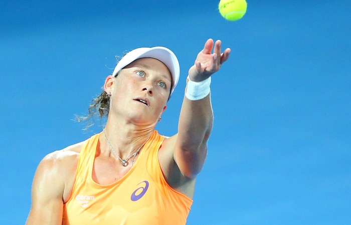 Samantha Stosur of Australia serves in her match against Varvara Lepchenko of the USA during day one of the 2015 Brisbane International at Pat Rafter Arena on January 4, 2015 in Brisbane, Australia.  (Photo by Chris Hyde/Getty Images)