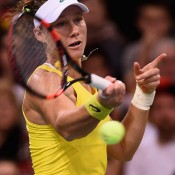 Sam Stosur in action during the reverse singles of the Australia v Germany Fed Cup tie in Stuttgart; Getty Images