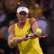 Sam Stosur in action during her singles rubber loss to Andrea Petkovic during the Australia v Germany World Group 2015 first round tie in Stuttgart, Germany; Getty Images