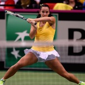 Jarmila Gajdosova in action during her opening singles rubber victory over Angelique Kerber in the Australia v Germany Fed Cup tie; Getty Images