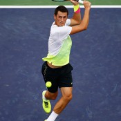 Bernard Tomic in action during his fourth-round defeat of compatriot Thanasi Kokkinakis at the 2015 BNP Paribas Open in Indian Wells, California; Getty Images