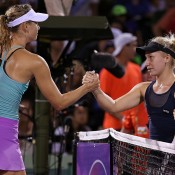 Daria Gavrilova (L) shakes hands with Maria Sharapova following her second round victory over the No.2 seed at the Miami Open; Getty Images