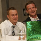 Lleyton Hewitt (L) and Sam Groth at the official team dinner for the Davis Cup World Group tie between Australia and Czech Republic; Pavel Lebeda