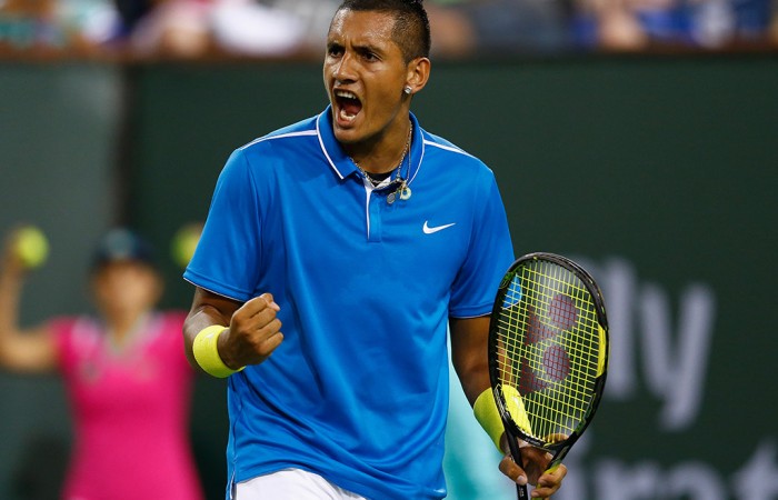 Nick Kyrgios celebrates a point en route to victory over Denis Kudla in the first round of the BNP Paribas Open at Indian Wells; Getty Images