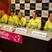 The Australian Fed Cup team of (L-R) Olivia Rogowska, Casey Dellacqua, captain Alicia Molik, Sam Stosur and Jarmila Gajdosova chat to the press; Henk Koster