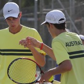 Alex De Minaur (R) and Blake Ellis in action on the final day of the Junior Davis Cup Asia/Oceania final qualifying event at Shepparton Lawn Tennis Club; Trevor Phillips