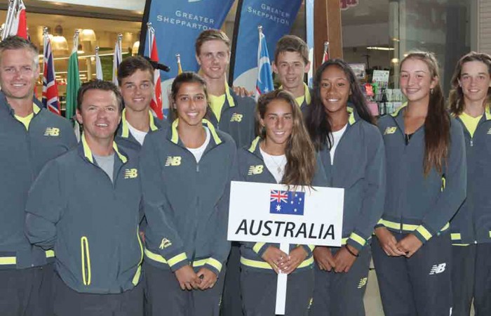 The Australian Junior Davis Cup and Junior Fed Cup teams at the official draw ceremony of the Junior Davis and Fed Cup Asia-Oceania qualifying event in Shepparton; Trevor Phillips