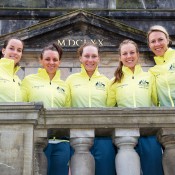 Australia's Fed Cup team of (L-R) Jarmila Gajdosova, Casey Dellacqua, Sam Stosur, Olivia Rogowska and captain Alicia Molik at the official draw ceremony ahead of their 2015 World Group Play-off tie against the Netherlands in 's-Hertogenbosch; Henk Koster