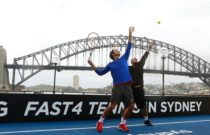 Roger Federer (L) and Lleyton Hewitt promote the new FAST4 format of tennis in Sydney in January 2015; Getty Images
