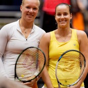 Jarmila Gajdosova (R) and Kiki Bertens pose for photos ahead of the opening singles rubber in the Netherlands v Australia Fed Cup World Group Play-off tie in 's-Hertogenbosch; Henk Koster