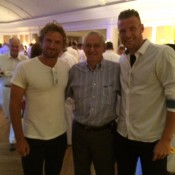 Sam Groth (R) and Matt Reid (L) at the player party prior to the US Men's Clay Court Championship in Houston, Texas; Greg Sharko