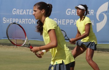 Australians Jaimee Fourlis (L) and Destanee Aiava in Junior Fed Cup doubles action at the Asia/Oceania final qualifying event in Shepparton; Trevor Phillips