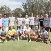 Australian tennis legends and Australia's Junior Davis Cup and Junior Fed Cup teams pose for photos following a team training session at Shepparton Lawn Tennis Club; Trevor Phillips