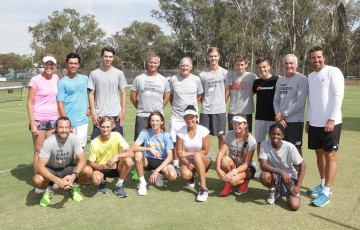 Australian tennis legends and Australia's Junior Davis Cup and Junior Fed Cup teams pose for photos following a team training session at Shepparton Lawn Tennis Club; Trevor Phillips