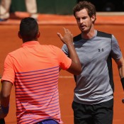 Nick Kyrgios (L) shakes hands with Andy Murray after his third round loss to the No.3 seed on Court Suzanne Lenglen; Getty Images