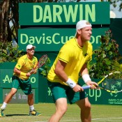 Lleyton Hewitt (L) and Sam Groth in doubles action for Australia in the Davis Cup quarterfinal against Kazakhstan in Darwin; Getty Images