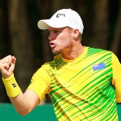 Lleyton Hewitt in doubles action for Australia in the Davis Cup quarterfinal against Kazakhstan in Darwin; Getty Images