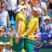 Lleyton Hewitt (R) and Sam Groth in doubles action for Australia in the Davis Cup quarterfinal against Kazakhstan in Darwin; Getty Images