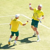 Lleyton Hewitt (L) and Sam Groth celebrate their doubles victory for Australia in the Davis Cup quarterfinal against Kazakhstan in Darwin; Getty Images