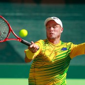 Lleyton Hewitt in action during his fifth rubber defeat of Aleksandr Nedovyesov in the Australia v Kazakhstan World Group quarterfinal in Darwin; Getty Images