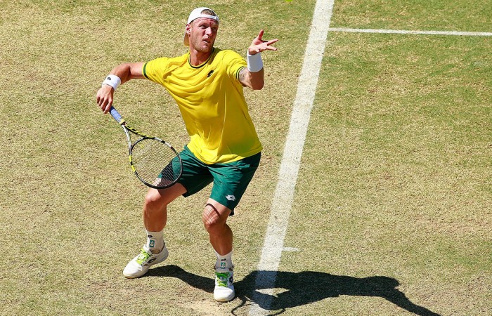 Sam Groth in action during his reverse singles defeat of Mikhail Kukushkin in the Australia v Kazakhstan World Group quarterfinal in Darwin; Getty Images