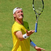 Sam Groth in action during his reverse singles defeat of Mikhail Kukushkin in the Australia v Kazakhstan World Group quarterfinal in Darwin; Getty Images