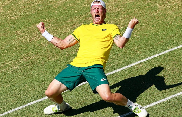 Sam Groth celebrates his victory over Mikhail Kukushkin in the fourth rubber of the Australia v Kazakhstan Davis Cup World Group quarterfinal in Darwin; Getty Images