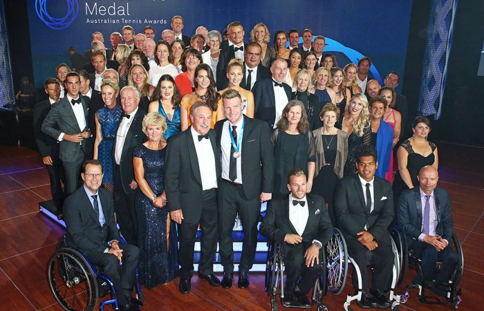 Tennis players past and present pose for the traditional Newcombe Medal, Australian Tennis Awards group photo; Getty Images