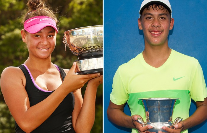 Violet Apisah (L) and Mourani Bouzige pose with their trophies after winning the 2015 16/u Australian Championships at Melbourne Park; Elizabeth Xue Bai and Getty Images