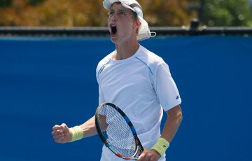 Marc Polmans in action during the boys' 18/u Australian Championships final against Oliver Anderson at Melbourne Park as part of the 2015 December Showdown; Elizabeth Xue Bai